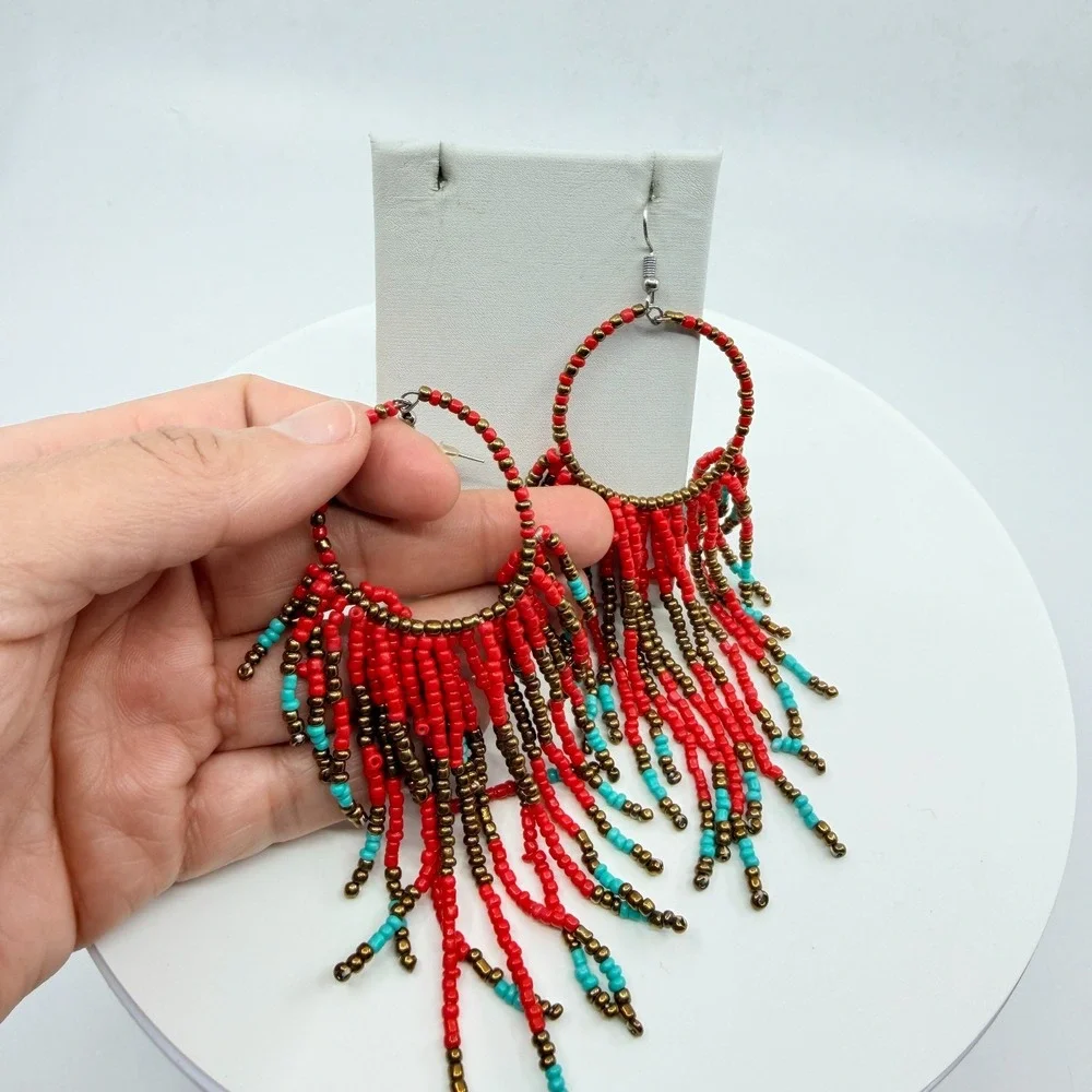 VTG Beaded Fringe Hoop Earrings Coral Red Turquoise Tone Festive Southwestern